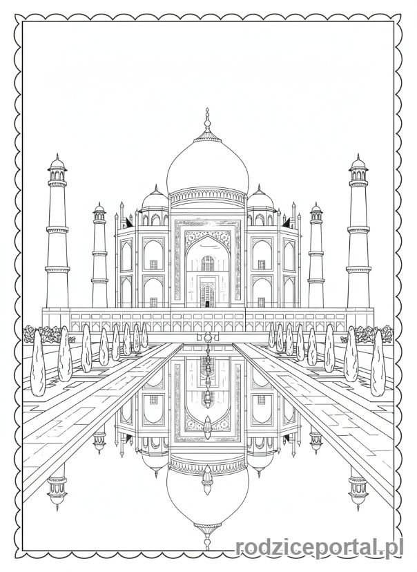 Kolorowanka Zabytki Świata - Tadż Mahal z odbiciem w wodzie.