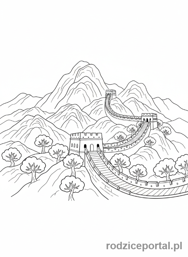 Kolorowanka Zabytki Świata - Wielki Mur Chiński wijący się po górach.
