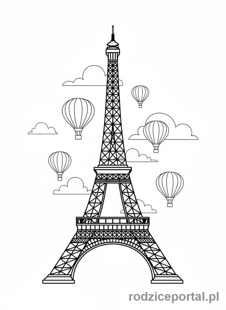 Kolorowanka Zabytki Świata - Wieża Eiffla w Paryżu na tle nieba.