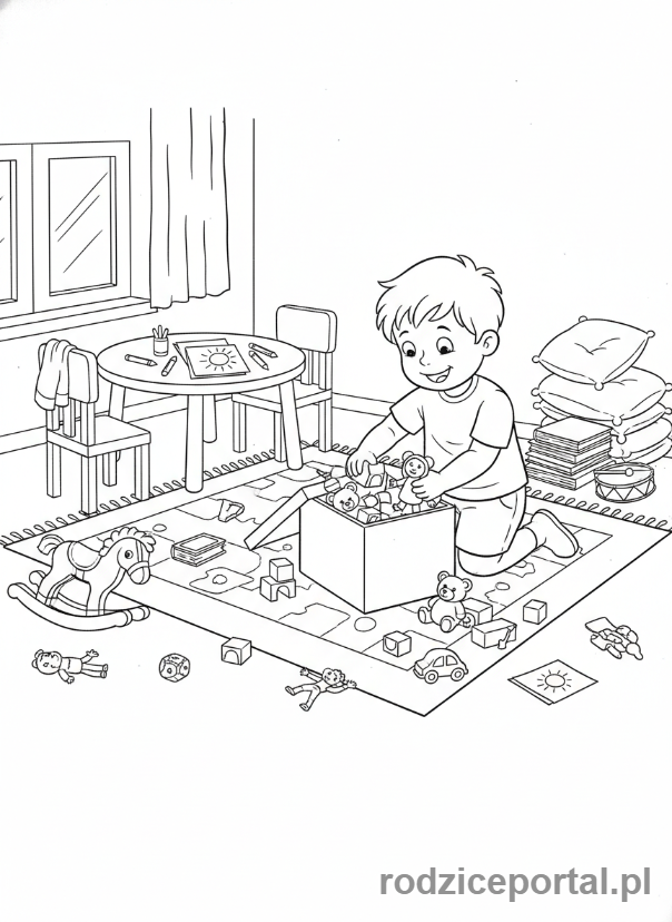 Kolorowanka Zachowanie W Domu - Dziecko sprząta zabawki