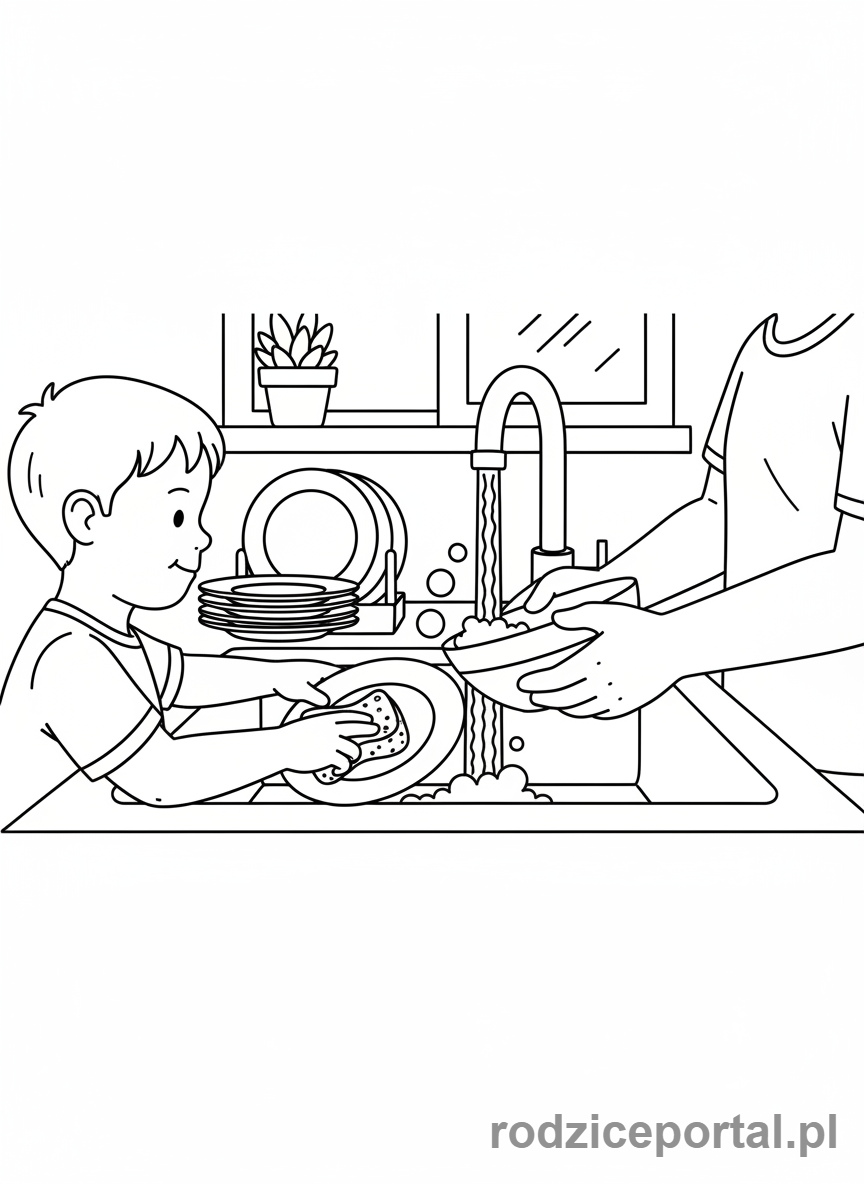 Kolorowanka Zachowanie W Domu - Pomoc w myciu naczyń