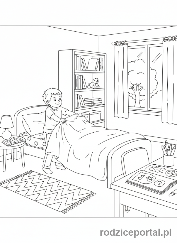 Kolorowanka Zachowanie W Domu - Ścielenie łóżka