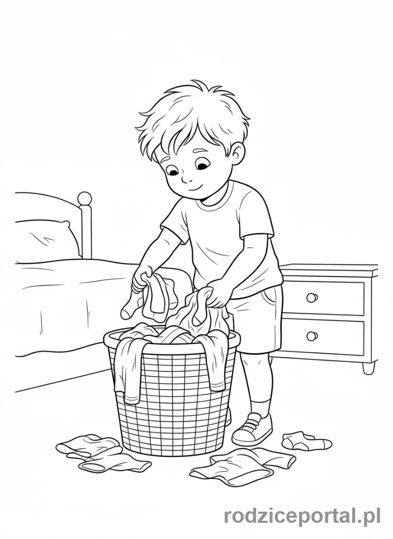 Kolorowanka Zachowanie W Domu - Wkładanie ubrań do kosza