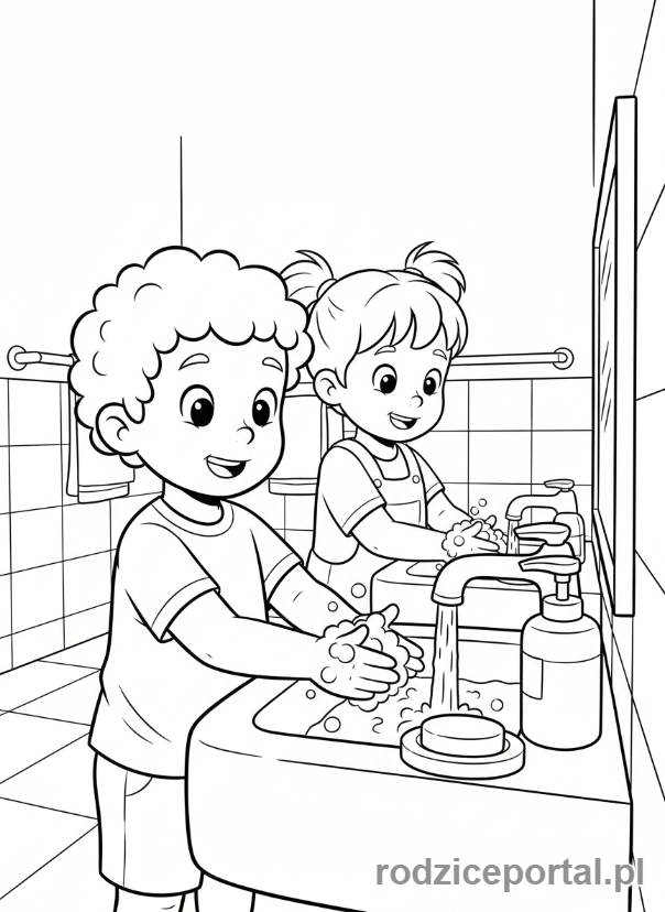 Kolorowanka Zachowanie W Przedszkolu - Mycie rak w lazience