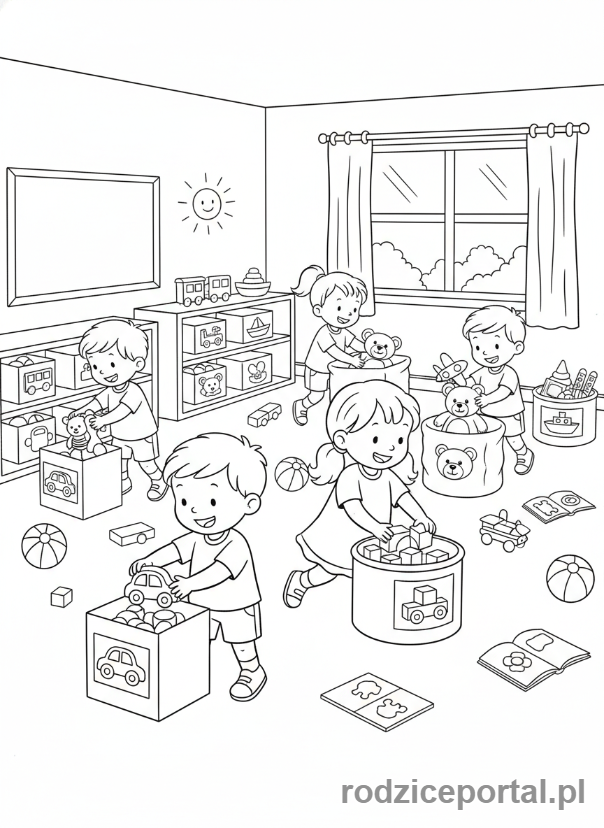 Kolorowanka Zachowanie W Przedszkolu - Sprzatanie zabawek