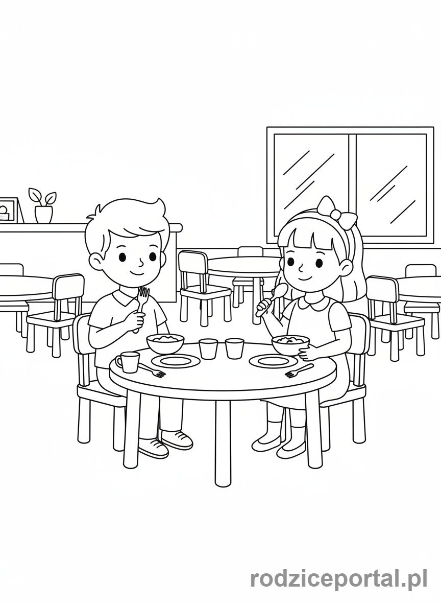 Kolorowanka Zachowanie W Przedszkolu - Uprzejme jedzenie obiadu