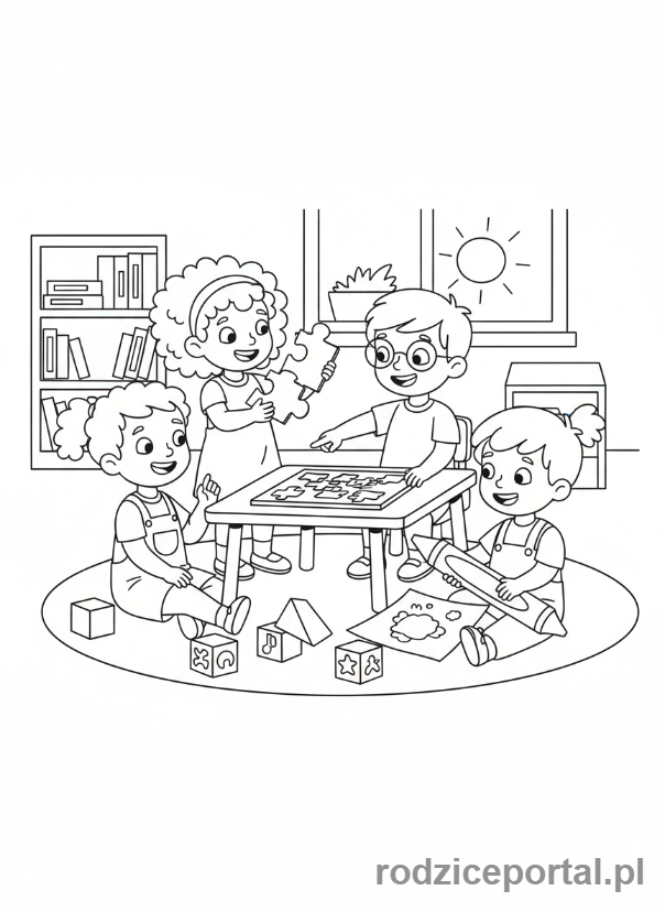 Kolorowanka Zachowanie W Przedszkolu - Zgodna zabawa grupowa