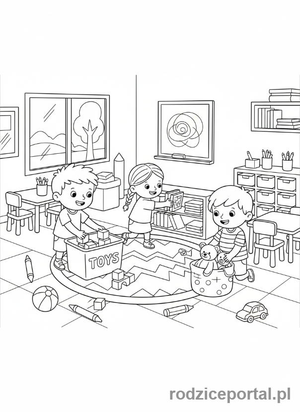 Kolorowanka Zachowanie W Szkole - Sprzątanie po zabawie