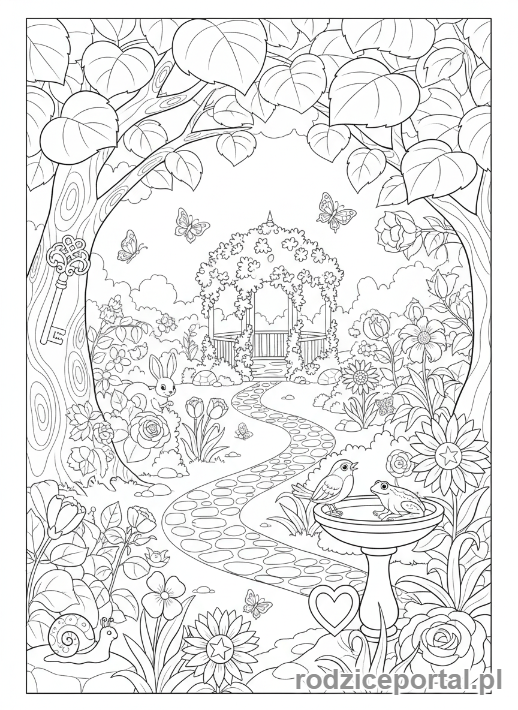 Kolorowanka Zadania Dla Bystrzaków - Ukryte przedmioty w ogrodzie