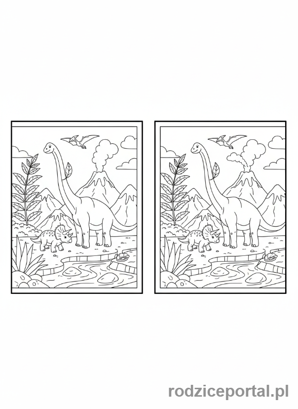 Kolorowanka Zadania Dla Bystrzaków - Znajdź 10 różnic dinozaury