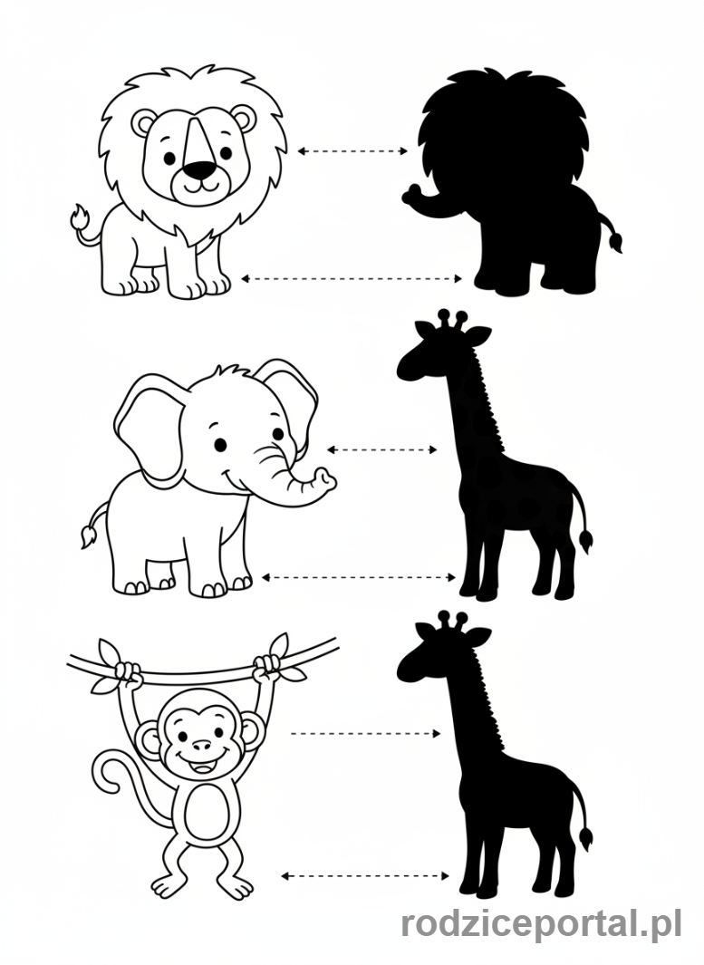 Kolorowanka Zadania Dla Dzieci - Dopasuj cienie zwierzęta