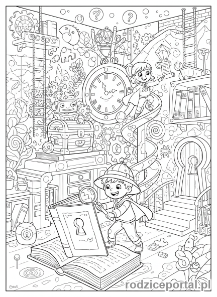 Kolorowanka Zadania Logiczne - Dzieci szukają wskazówek