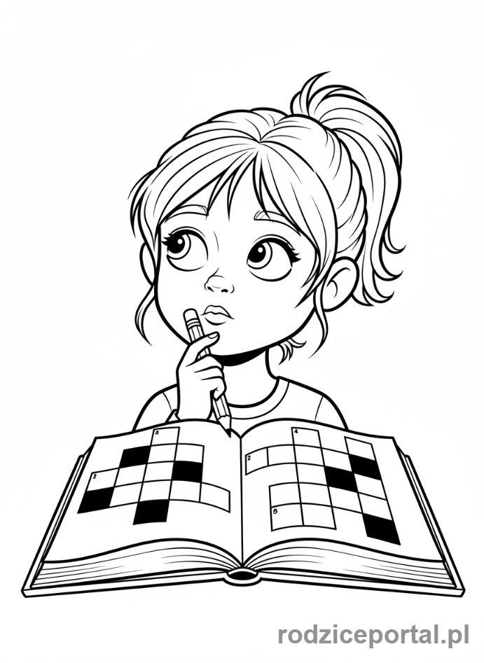 Kolorowanka Zadania Logiczne - Dziewczynka myśli nad krzyżówką