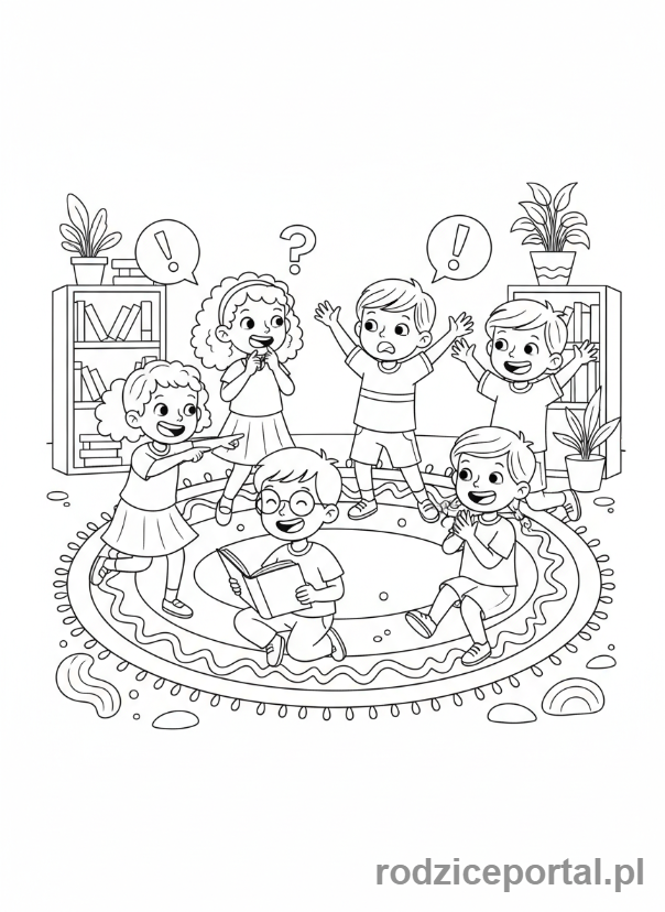 Kolorowanka Zadania Logiczne - Grupa dzieci rozwiązuje zagadki