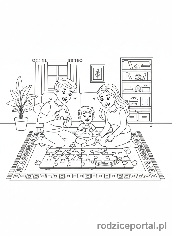 Kolorowanka Zadania Logiczne - Rodzina układa puzzle