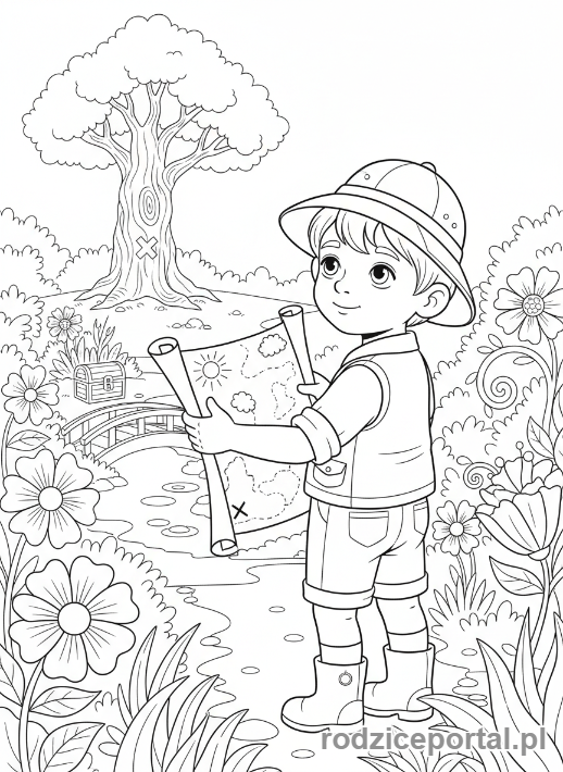 Kolorowanka Zadania Przestrzenne - Szukanie skarbu z mapą