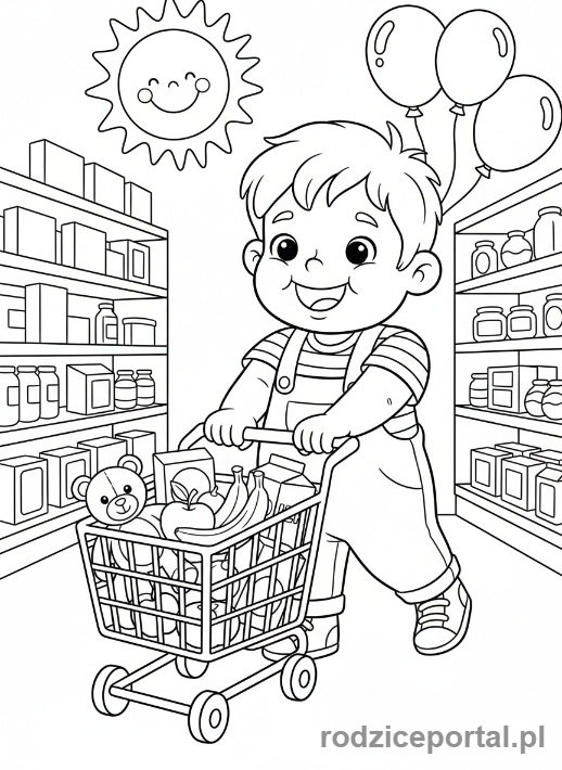 Kolorowanka Zakupy Z Dzieckiem - Dziecko pcha wózek sklepowy