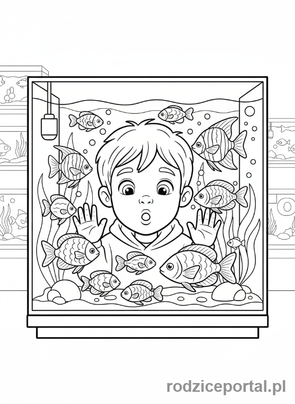 Kolorowanka Zakupy Z Dzieckiem - Dziecko podziwiające ryby w akwarium w sklepie zoologicznym