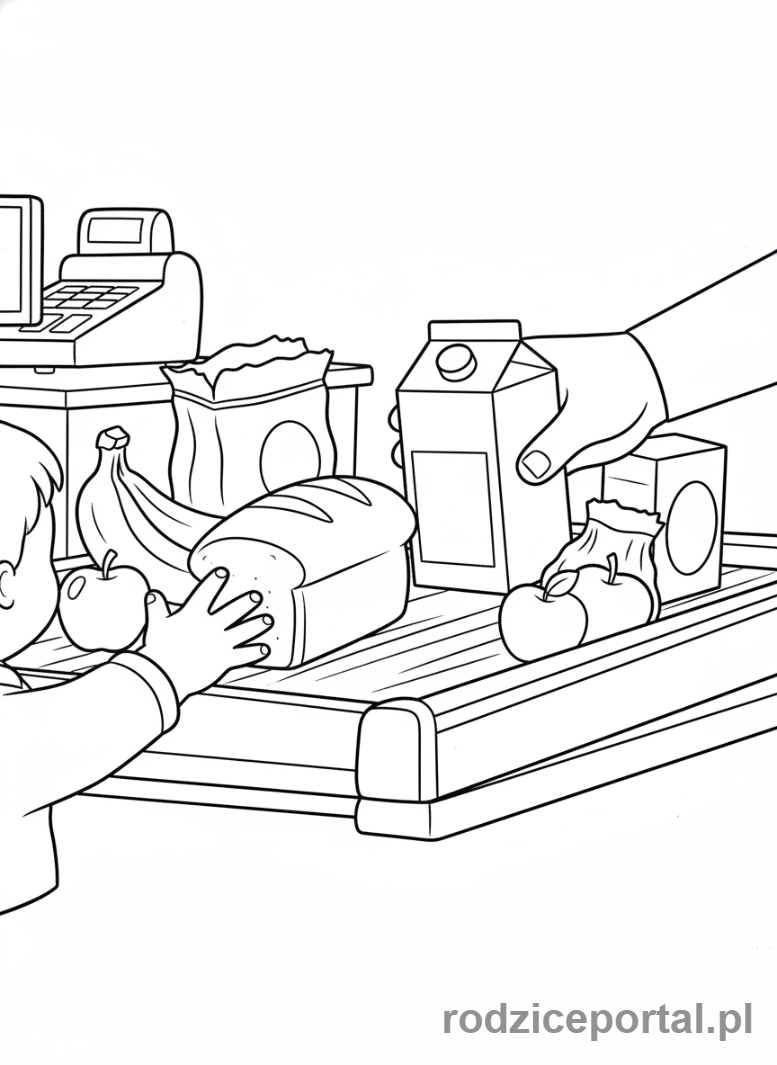 Kolorowanka Zakupy Z Dzieckiem - Dziecko pomaga wykładać zakupy na taśmę