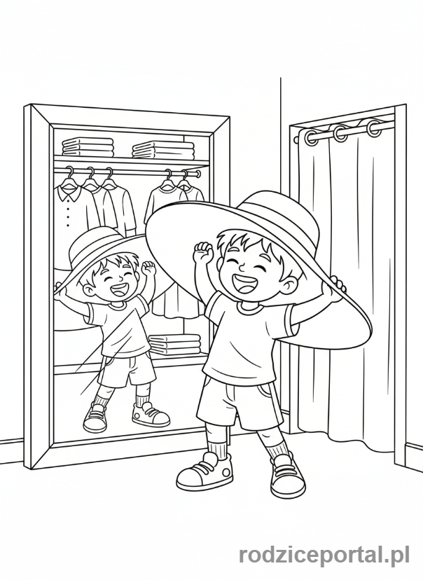 Kolorowanka Zakupy Z Dzieckiem - Dziecko przymierzające zabawny kapelusz w sklepie