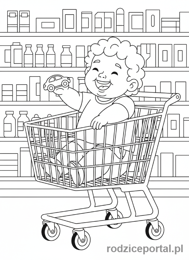 Kolorowanka Zakupy Z Dzieckiem - Dziecko siedzące w dużym wózku sklepowym