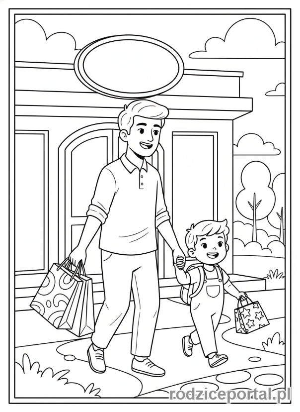 Kolorowanka Zakupy Z Dzieckiem - Rodzic i dziecko wychodzący ze sklepu z torbami