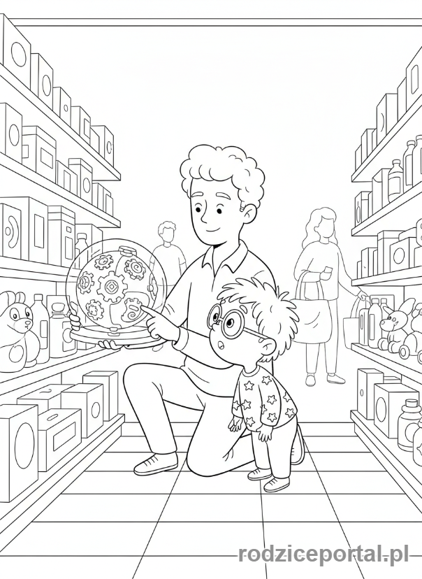 Kolorowanka Zakupy Z Dzieckiem - Rodzic pokazuje produkt ciekawskiemu dziecku