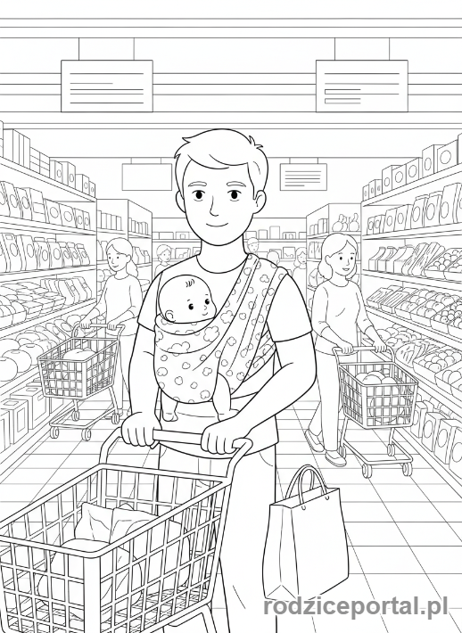 Kolorowanka Zakupy Z Dzieckiem - Rodzic z dzieckiem w nosidełku na zakupach