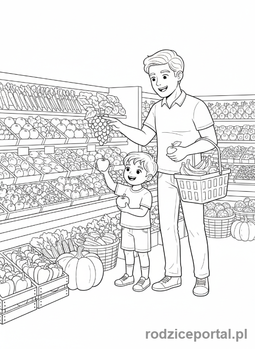 Kolorowanka Zakupy Z Dzieckiem - Rodzina wybierająca świeże warzywa i owoce