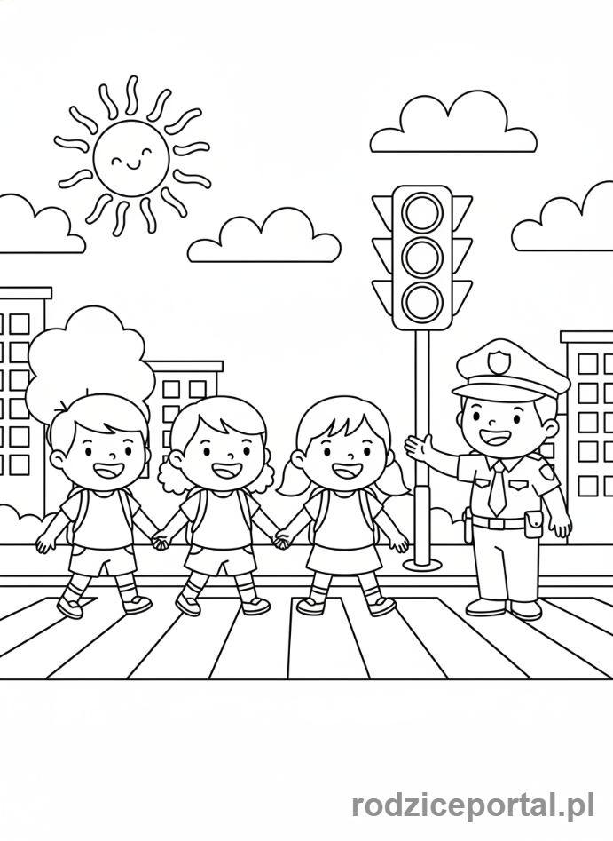 Kolorowanka Zasady - Dzieci przechodza na pasach