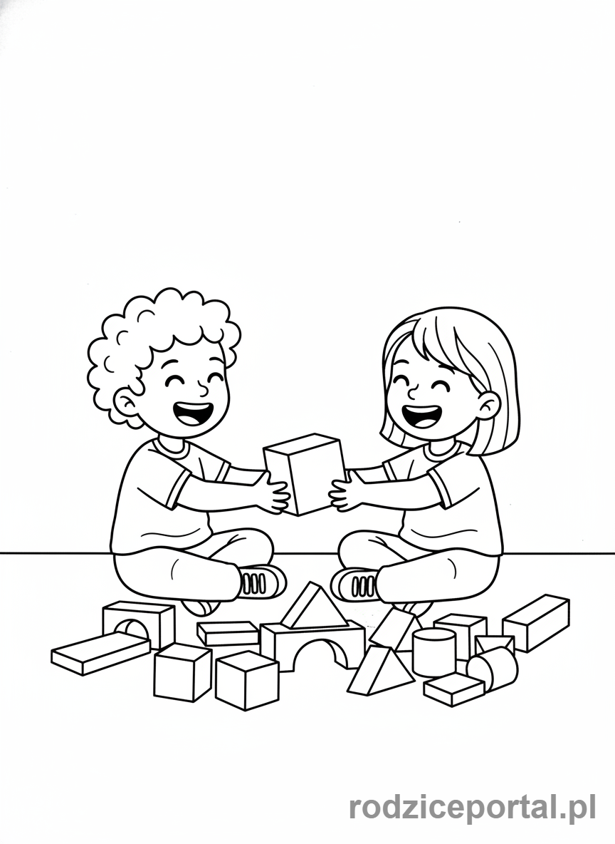 Kolorowanka Zasady Społeczne - Dzieci dzielące się zabawkami