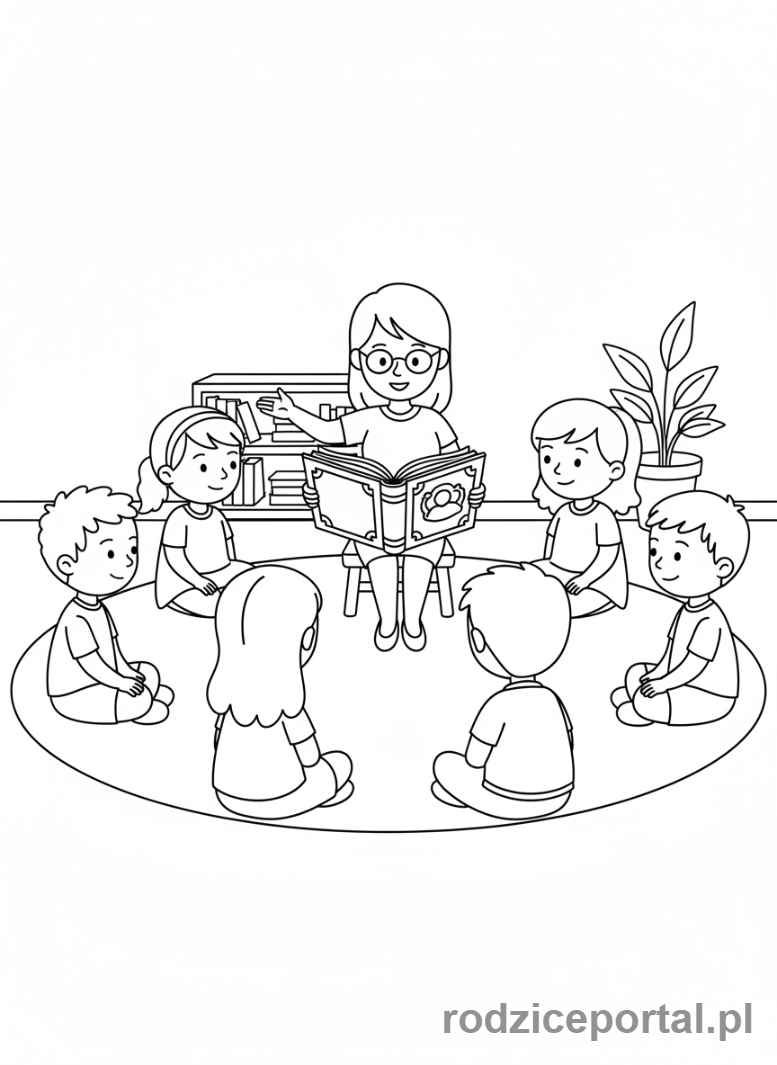 Kolorowanka Zasady Społeczne - Dzieci słuchające opowieści