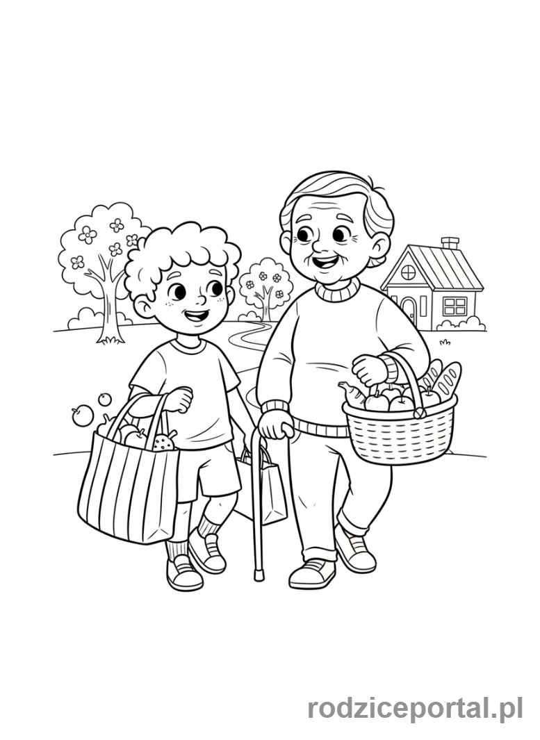 Kolorowanka Zasady Społeczne - Dziecko pomaga starszej osobie