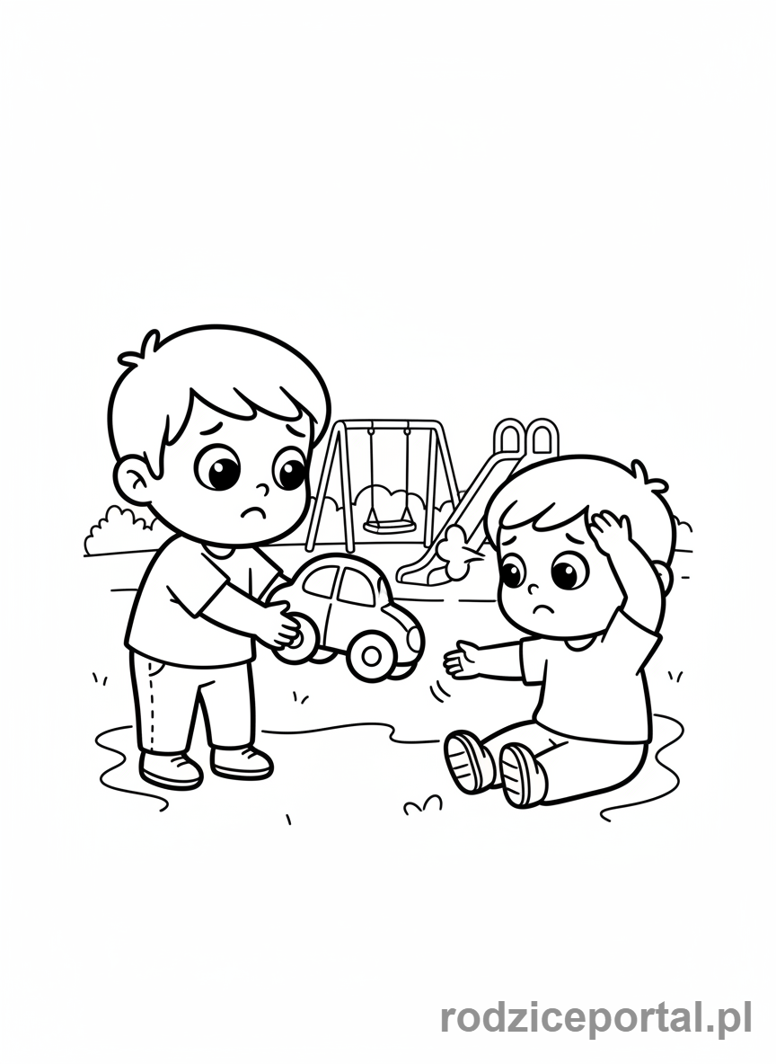 Kolorowanka Zasady Społeczne - Dziecko przeprasza po stłuczce