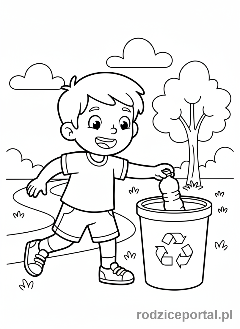 Kolorowanka Zasady Społeczne - Dziecko segregujące śmieci