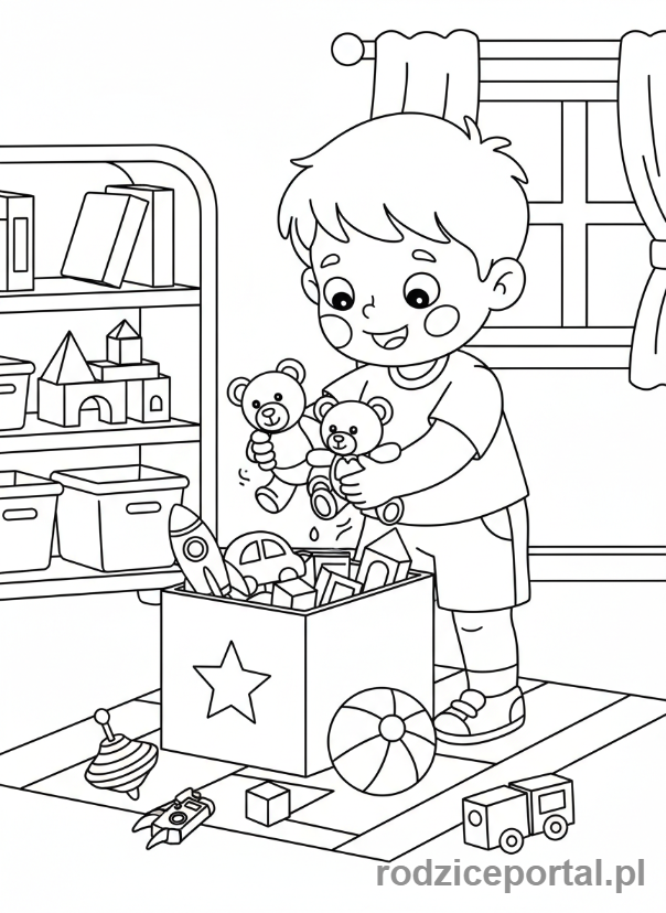 Kolorowanka Zasady Społeczne - Dziecko sprzątające zabawki