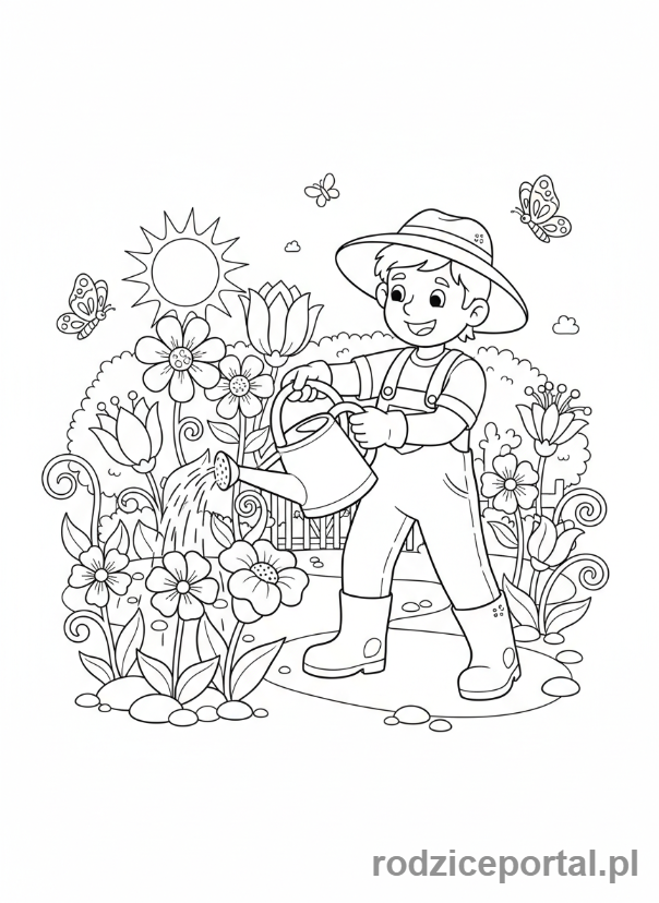 Kolorowanka Zawody Dla Dzieci - Ogrodnik podlewa kwiaty