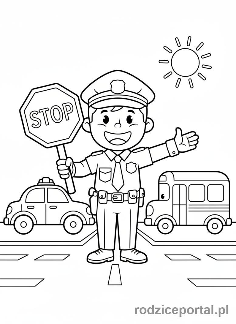 Kolorowanka Zawody Dla Dzieci - Policjant kieruje ruchem