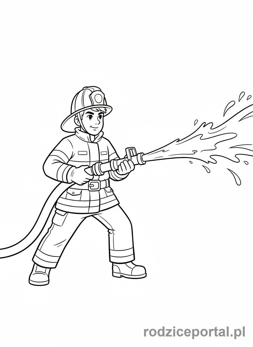 Kolorowanka Zawody Dla Dzieci - Strażak z wężem gaśniczym