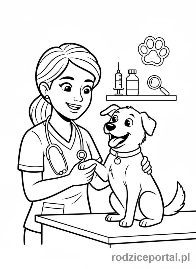 Kolorowanka Zawody Dla Dzieci - Weterynarz bada psa