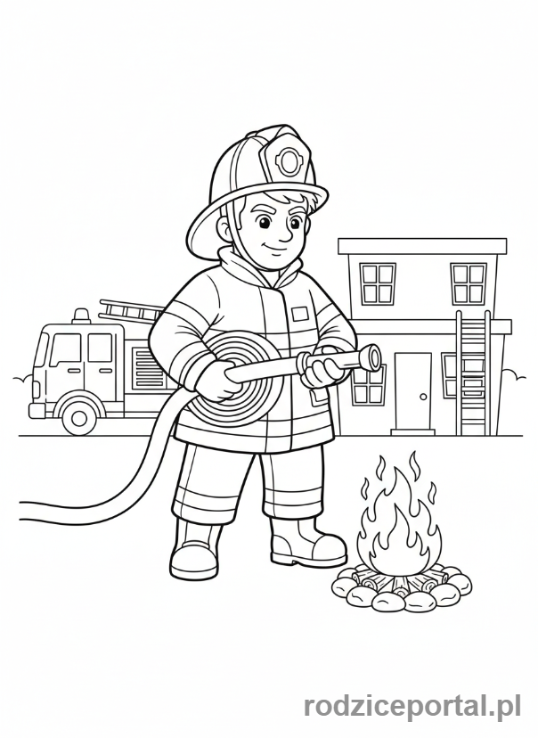 Kolorowanka Zawody - Strażak z wężem gaszący pożar