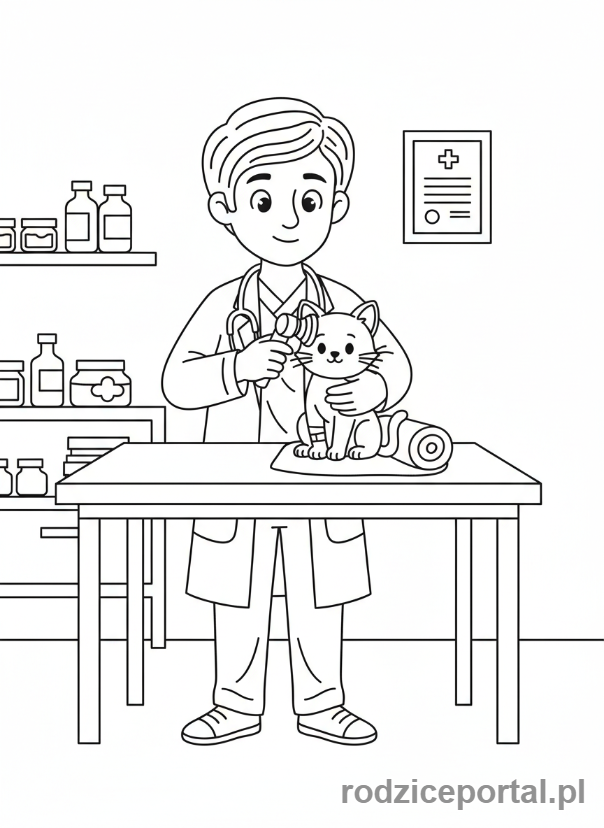 Kolorowanka Zawody - Weterynarz badający kota