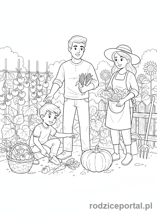 Kolorowanka Zdrowe Jedzenie - Chłopiec pomaga w ogrodzie