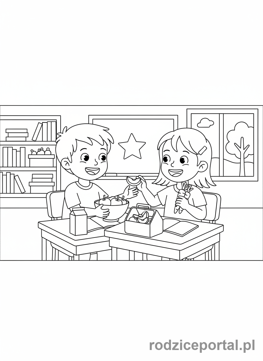 Kolorowanka Zdrowe Jedzenie - Dzieci dzielą się przekąskami