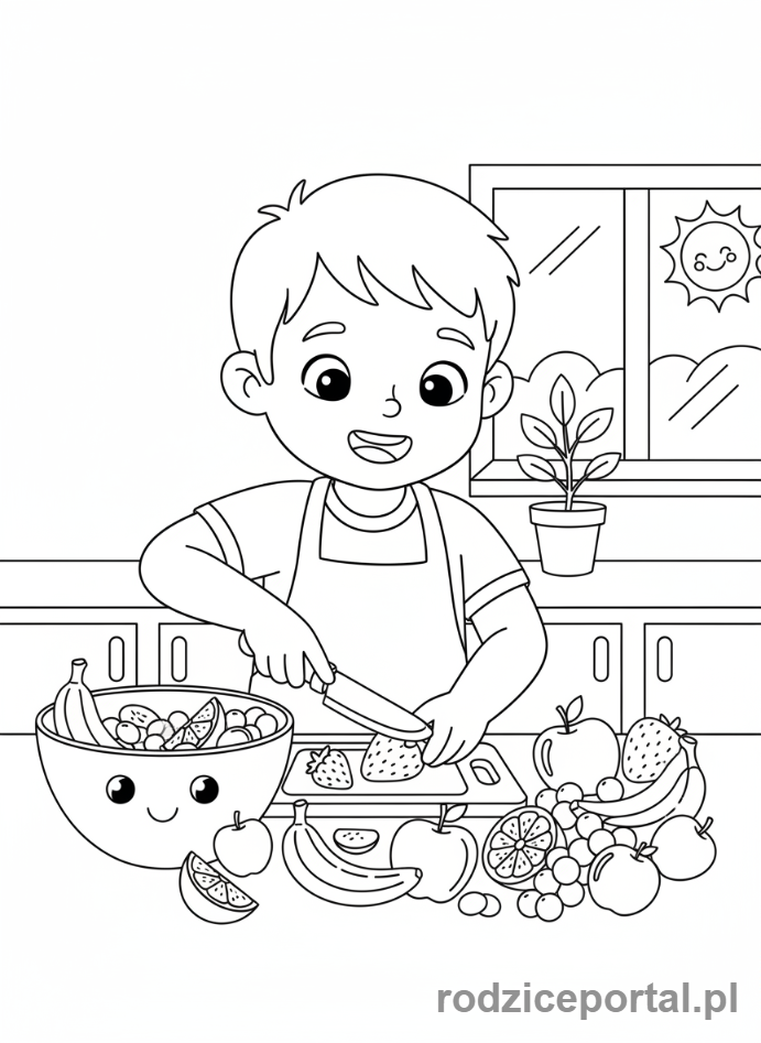 Kolorowanka Zdrowe Jedzenie - Dziecko robi sałatkę owocową
