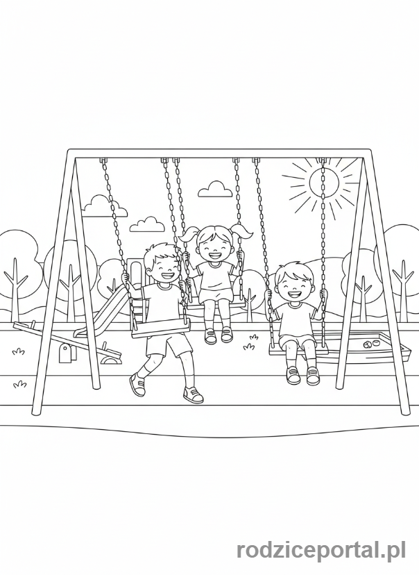 Kolorowanka Zdrowe Nawyki - Dzieci bawiące się na placu zabaw