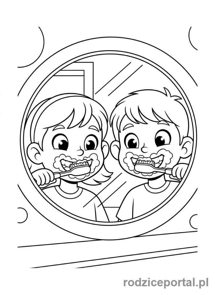 Kolorowanka Zdrowe Nawyki - Dzieci myją zęby przed lustrem