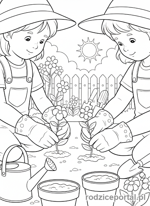 Kolorowanka Zdrowe Nawyki - Dzieci sadzą kwiaty w ogrodzie