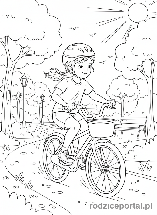 Kolorowanka Zdrowe Nawyki - Dziewczynka jedzie na rowerze w kasku