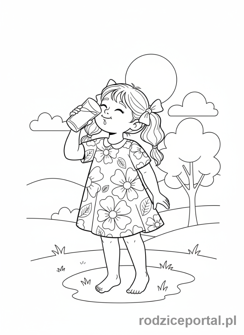 Kolorowanka Zdrowe Nawyki - Dziewczynka pije wodę ze szklanki